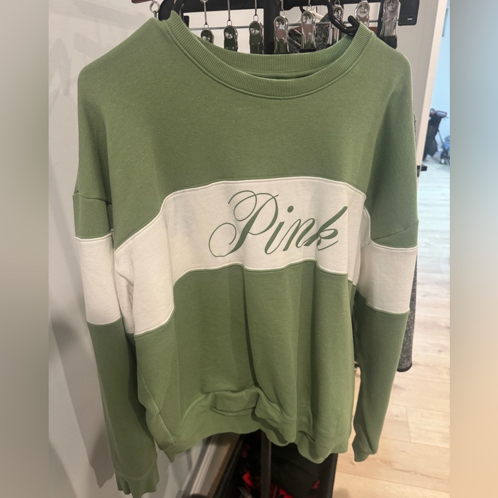 PINK Victoria's Secret Green and White Crew Neck Sweater
